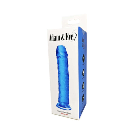 Adam & Eve Crystal Gem 7 Inch Dildo Sapphire in blue packaging, showcasing its firm and flexible design for intimate pleasure.