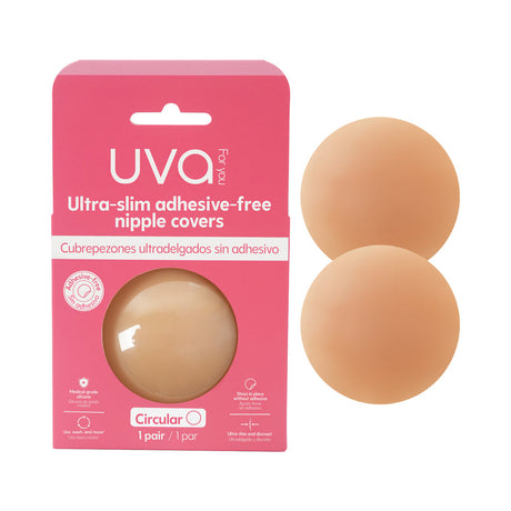 UVA Caramel Non-Adhesive Round Nipple Covers package displaying ultra-slim, adhesive-free nipple covers.