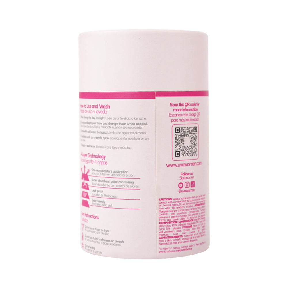 UVA Heavy Flow Period Panties Small packaging instructions and features for effective menstrual protection.