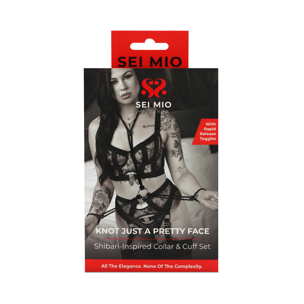 Sei Mio Knot Alone Pre-tied Collar And Wrist Set packaging featuring Shibari-inspired design and rapid release toggles.