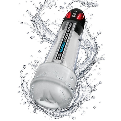 Pumpworx Maxboost Pro Flow Deluxe Penis Pump Kit Black in water splash, showcasing its automatic pump technology.