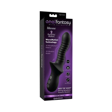 Anal Fantasy Elite Pleasure Wave Vibrating Massager Black packaging featuring WaveMotion technology and two powerful motors.