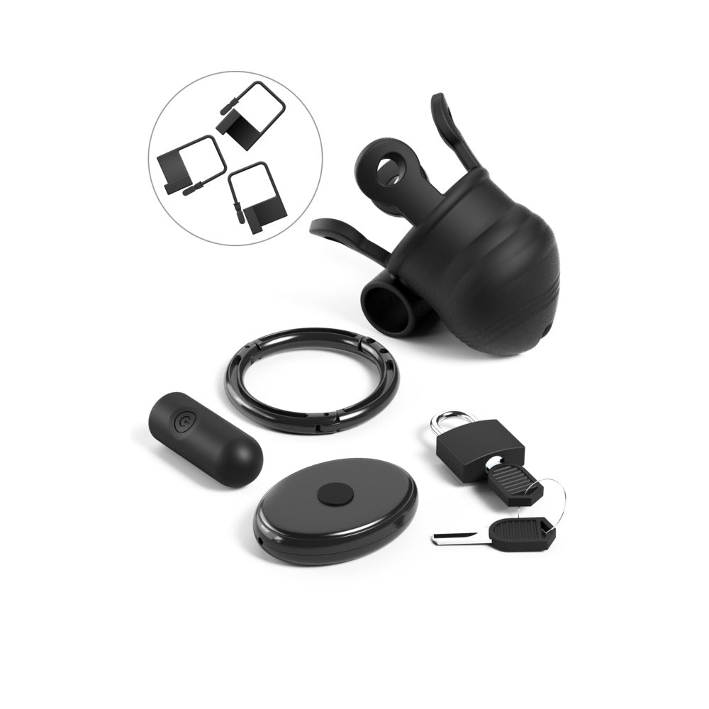 Fantasy C-Ringz ControlCore Trainer Vibrating Cock Blocker components including vibrating bullet and key.