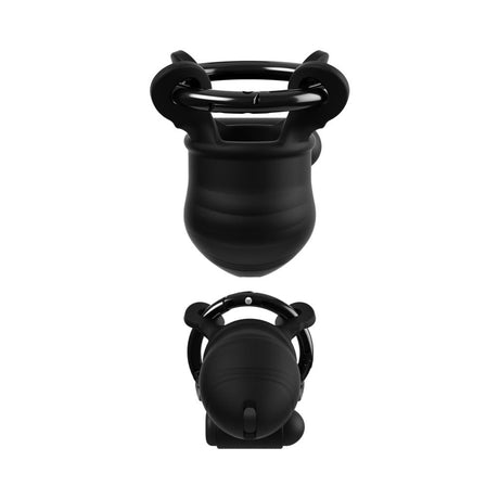 Fantasy C-Ringz ControlCore Trainer Vibrating Cock Blocker displayed from top and side views.