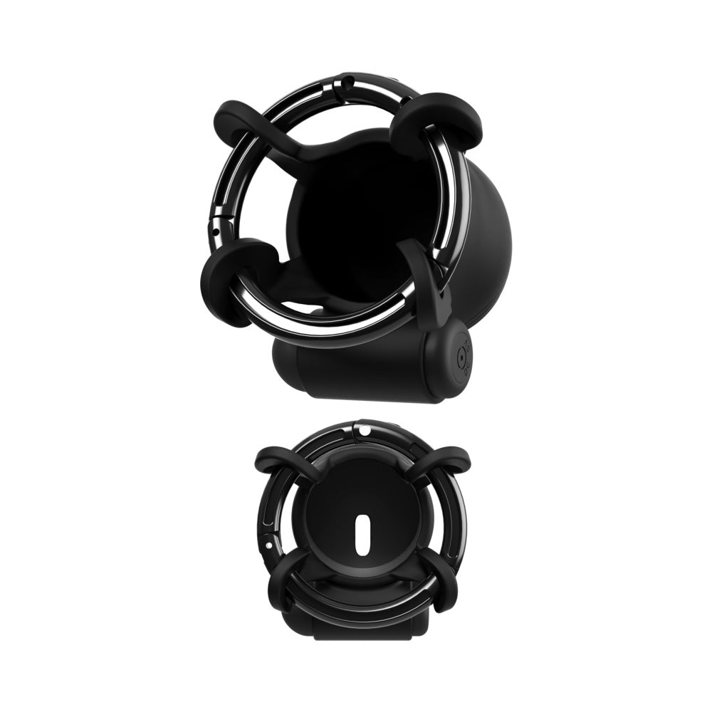 Fantasy C-Ringz ControlCore Trainer Vibrating Cock Blocker, a black chastity device with remote control.