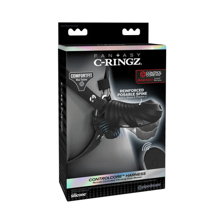 Fantasy C-ringz ControlCore Remote Vibrating Cock Blocker packaging showcasing adjustable harness and features.