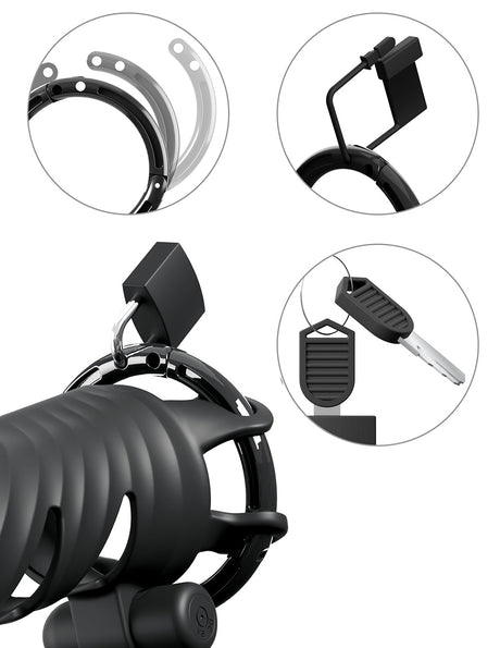 Fantasy C-ringz ControlCore Remote Vibrating Cock Blocker detailed images showing design and locking mechanisms.