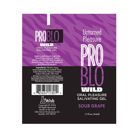 Problo Wild Oral Pleasure Salivating Gel Sour Grape 1.5 Oz packaging featuring vibrant purple design and product details.