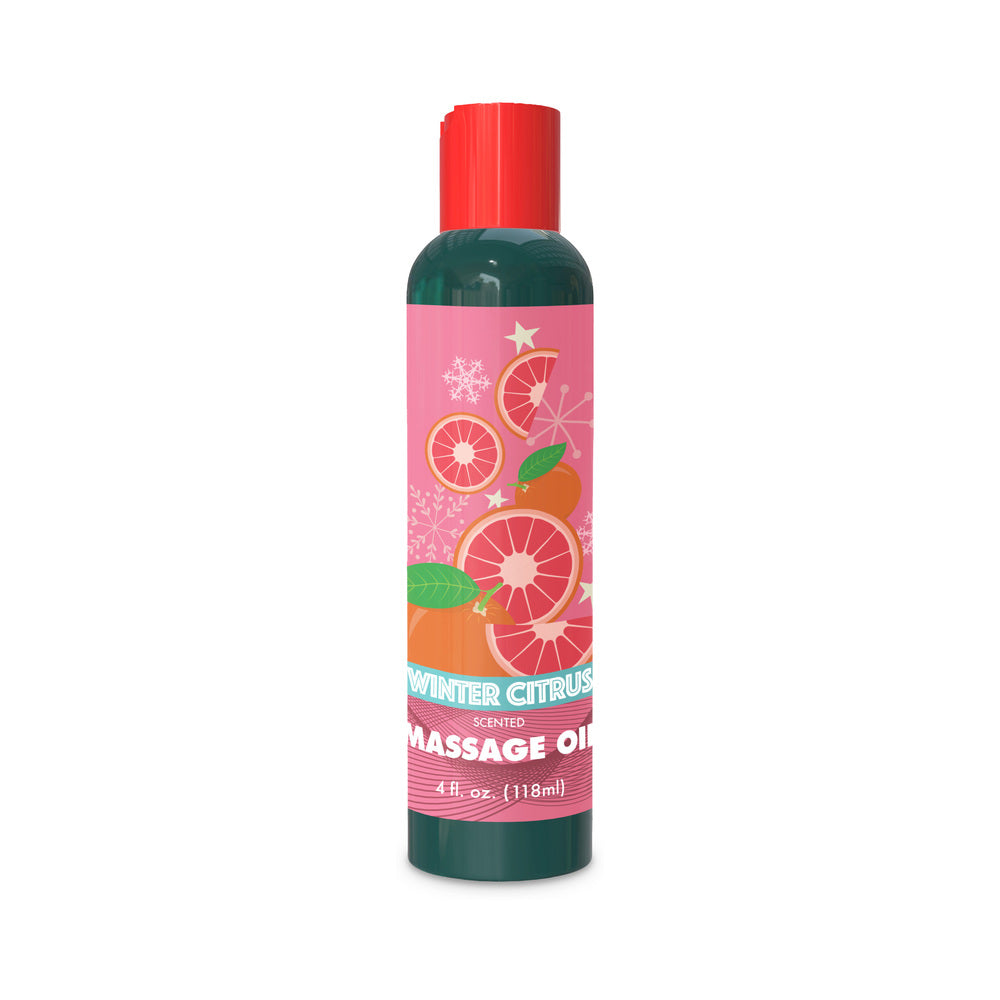 Little Genie Holiday Massage Oil Winter Citrus 4 Oz bottle with vibrant citrus design for refreshing massages.