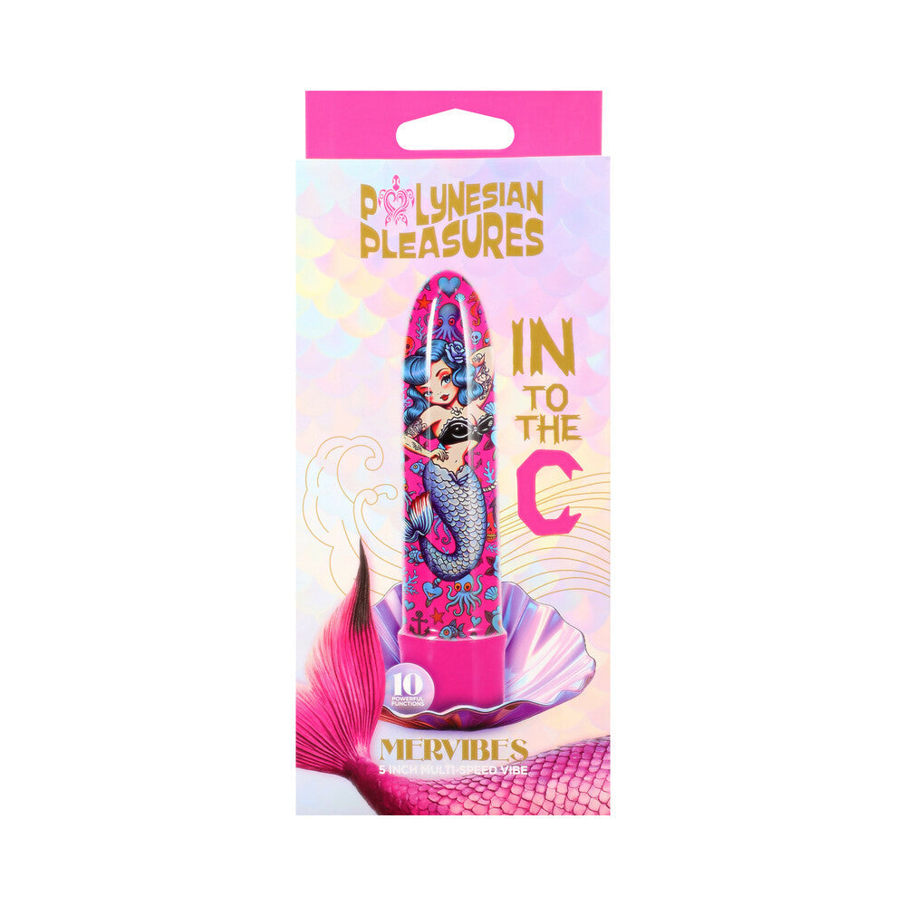 Into The C Mervibes 5 inch Vibrator Pink packaging with colorful mermaid design and product details.