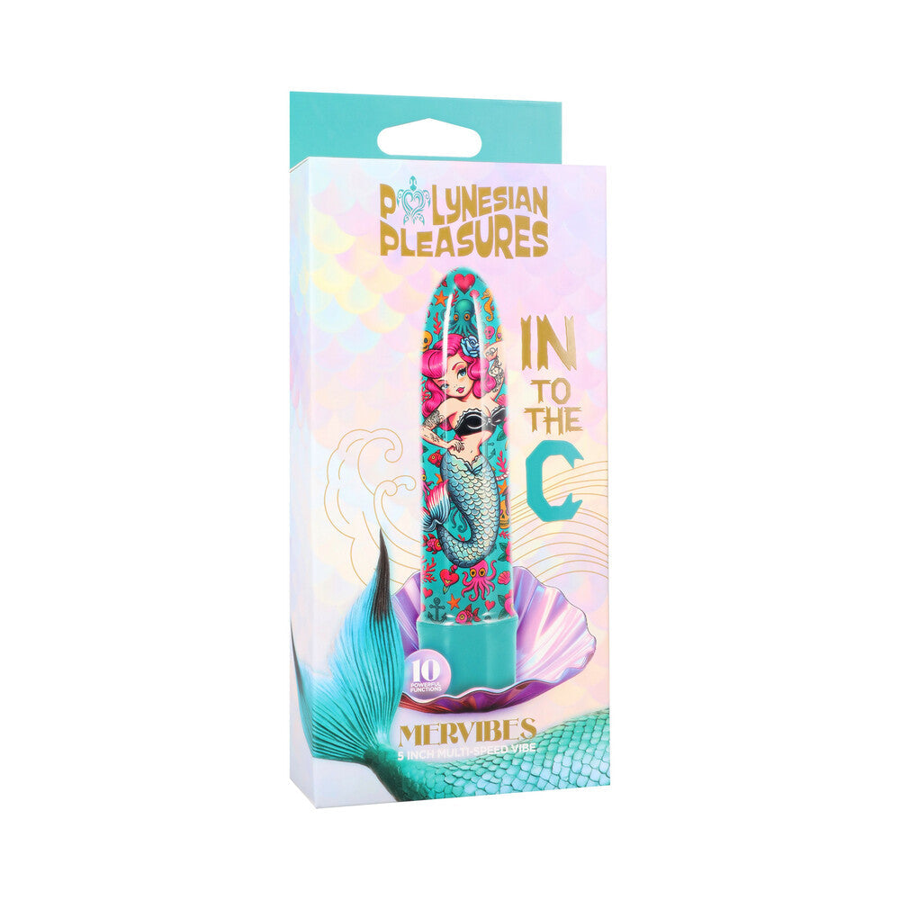 Into The C Mervibes 5 inch Vibrator Teal packaging featuring mermaid design and tropical colors.