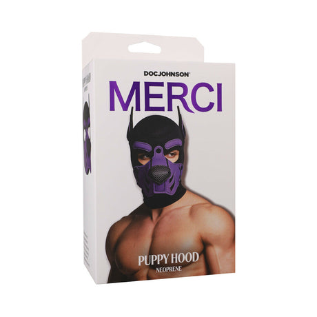 Merci Puppy Hood Neoprene Violet Black packaging showcasing a bold design for pup play and fetish roleplay.