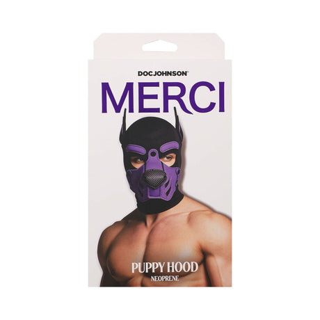 Merci Puppy Hood Neoprene Violet Black packaging featuring vibrant purple and black design for pup play.