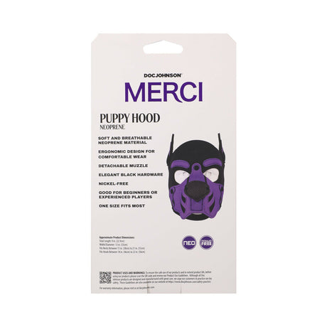 Merci Puppy Hood Neoprene Violet Black packaging showcasing its features, ideal for BDSM and pup play.