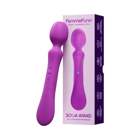Femmefunn Solia Wand Vibrator Purple displayed beside its packaging for luxurious body pleasure.