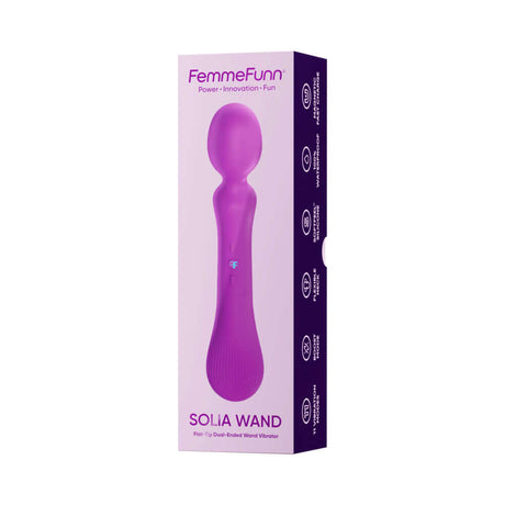 Femmefunn Solia Wand Vibrator Purple in elegant packaging, showcasing its flat-tip design and dual-ended capabilities.
