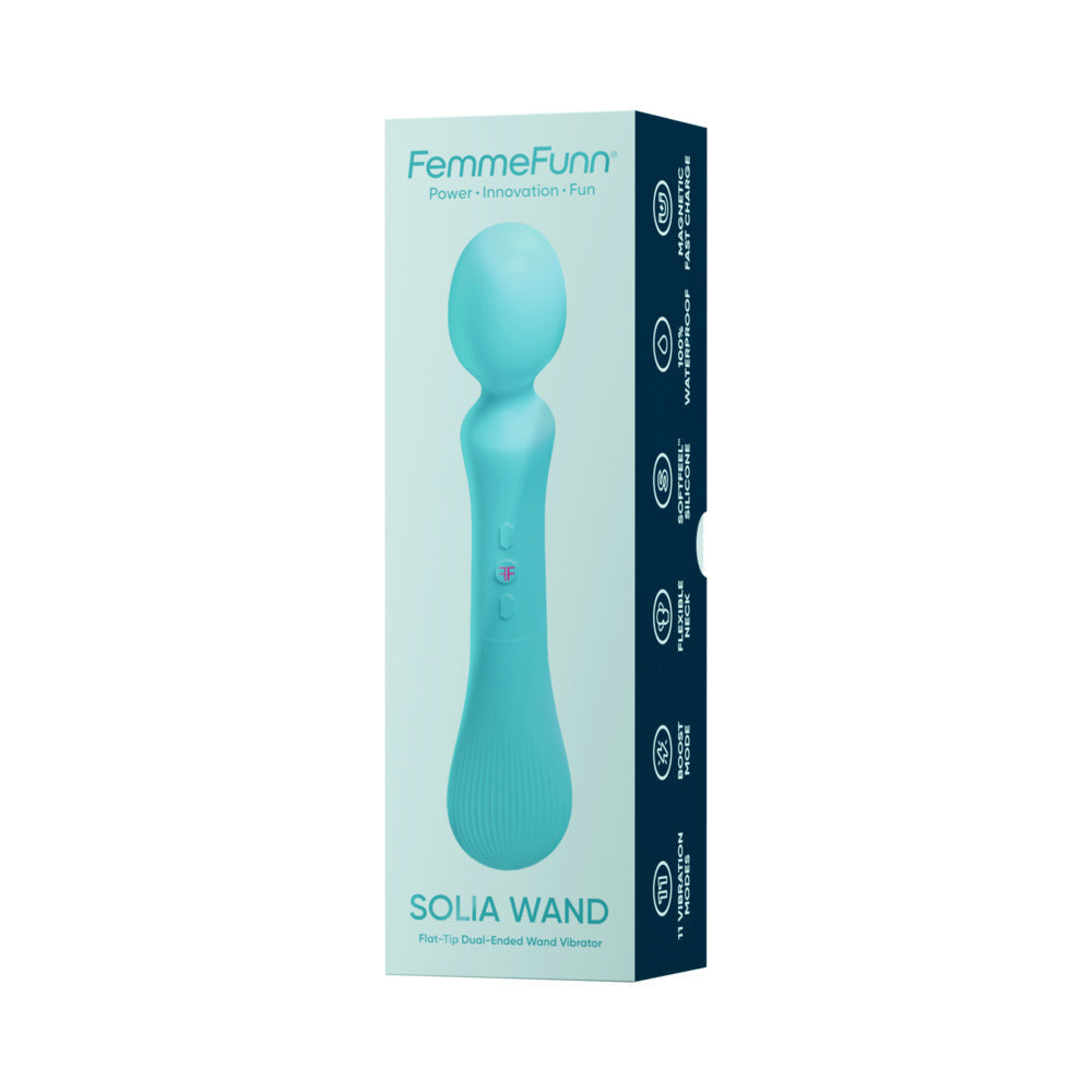 Femmefunn Solia Wand Vibrator Turquoise packaging showcasing sleek design and features.
