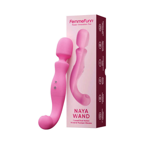 Femmefunn Naya Rechargeable Wand Vibrator Pink in ergonomic design with curved dual-action for pleasure.