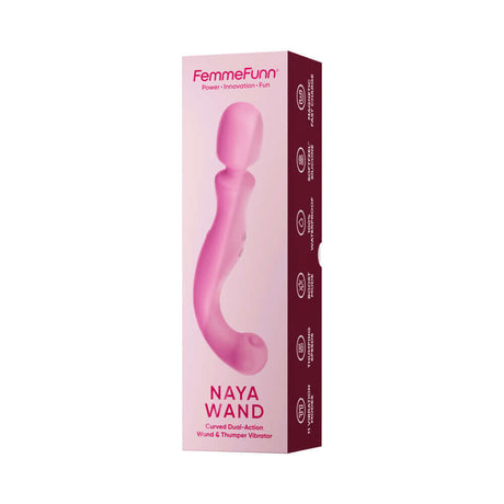 Femmefunn Naya Rechargeable Wand Vibrator Pink packaging featuring ergonomic design and dual-action functionality.
