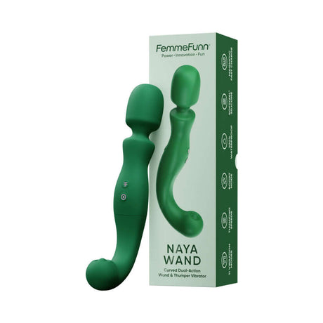 Femmefunn Naya Wand Vibrator Dark Green and packaging showcasing its design and features.
