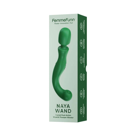 Femmefunn Naya Wand Vibrator Dark Green packaging featuring a sleek design and dual-action functionality.