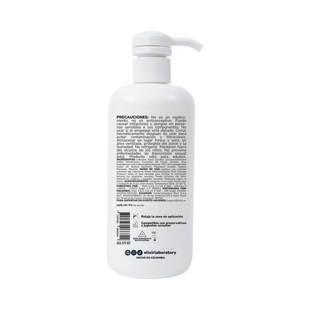 Elixir Anesty Anal Desensitizing Lubricant 500ml bottle back label with usage instructions.