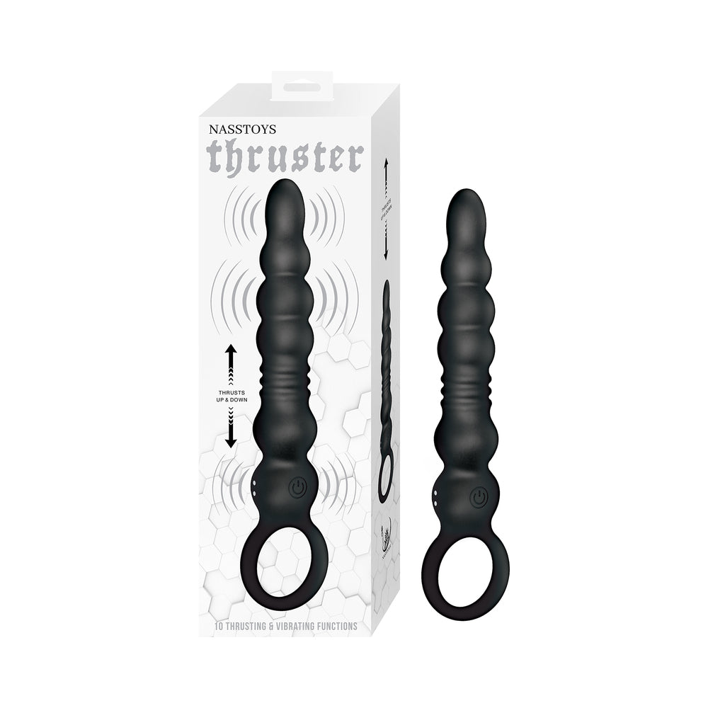Nasstoys Thruster Silicone Thrusting Vibrator Black with packaging and design features displayed.