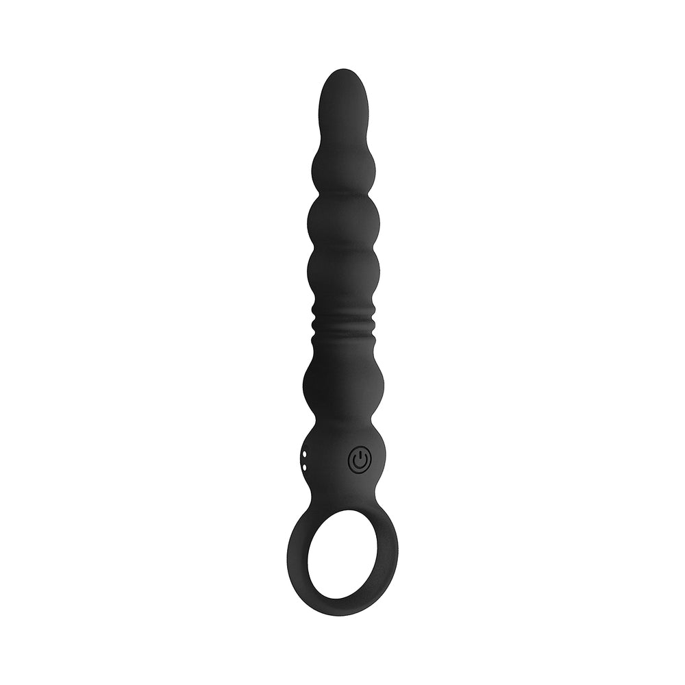 Nasstoys Thruster Silicone Thrusting Vibrator Black features a sleek beaded silicone design for enhanced pleasure.