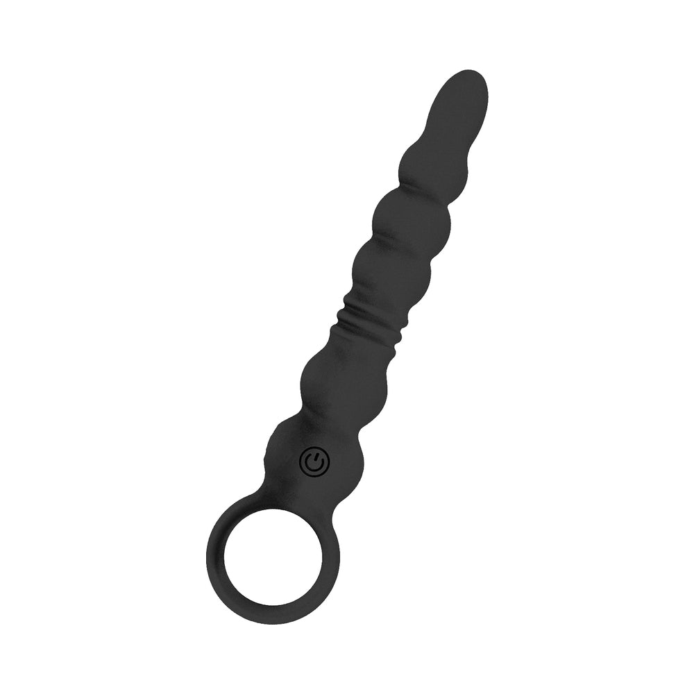 Nasstoys Thruster Silicone Thrusting Vibrator Black showcasing its sleek design and ribbed texture for pleasure.