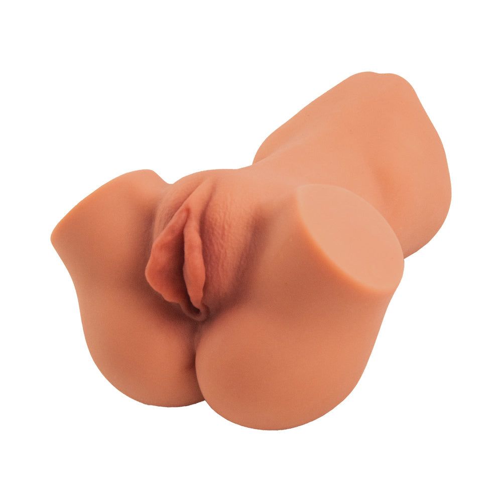 Dream-gasm Masturbator Cheerleader 1 Brown realistic handheld stroker with dual entry points.