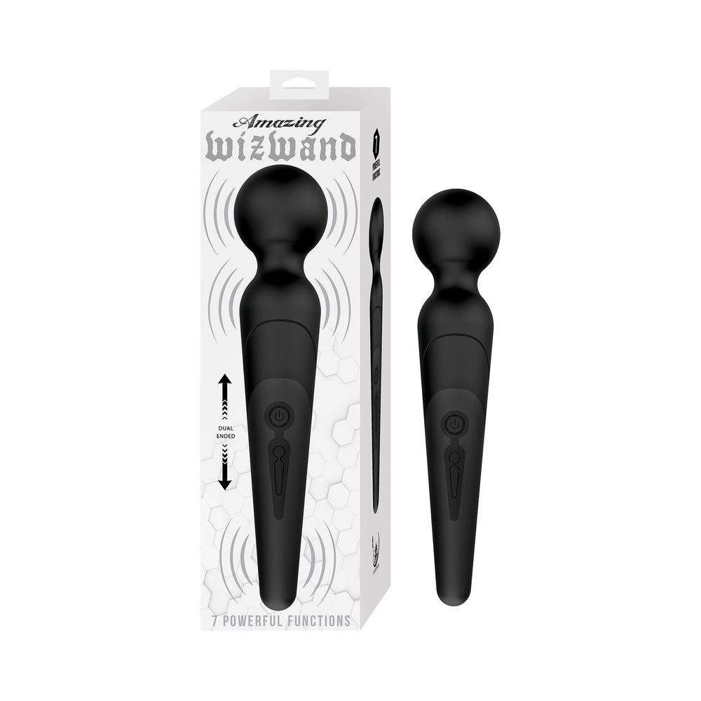 Amazing Wizwand Rechargeable Wand Massager Black in packaging showcasing its features and design.
