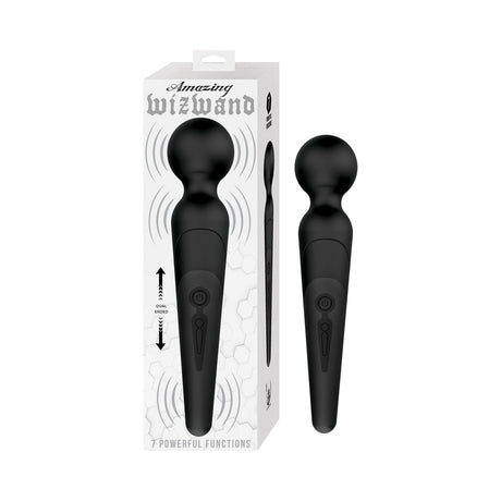 Amazing Wizwand Rechargeable Wand Massager Black in packaging showcasing its features and design.
