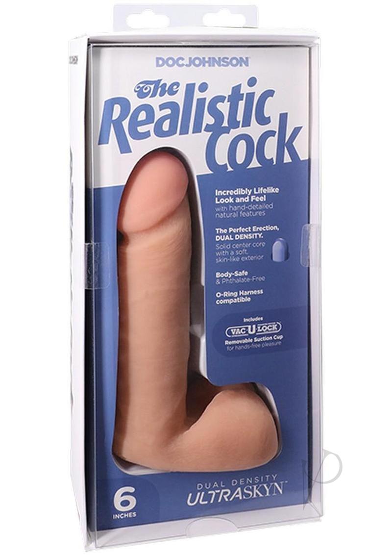 The Realistic Cock Ultraskyn 6 Inch Dildo Vanilla in packaging, showcasing lifelike detail and dual-density design.