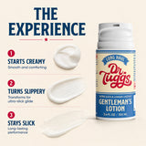 Dr Tuggs Long Haul Gentleman's Masturbation Lotion 3.4 Oz packaging with creamy and slippery textures shown.