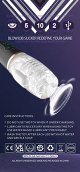 Blowjob Vibrating Sucker Oral Sex Masturbator with care instructions and design details.