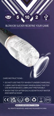 Blowjob Vibrating Sucker Oral Sex Masturbator with care instructions and design details.