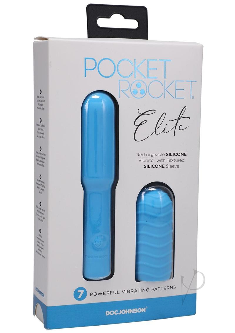 Pocket Rocket Elite Silicone Mini Vibrator Sky Blue in packaging, featuring a sleek design and textured sleeve.