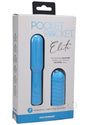 Pocket Rocket Elite Silicone Mini Vibrator Sky Blue in packaging, featuring a sleek design and textured sleeve.