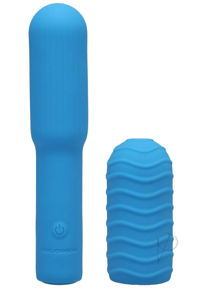 Pocket Rocket Elite Silicone Mini Vibrator Sky Blue in a sleek design with textured grip and easy control features.