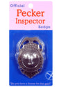Kheper Games Pecker Inspector Bachelorette Badge on packaging with playful text and design.