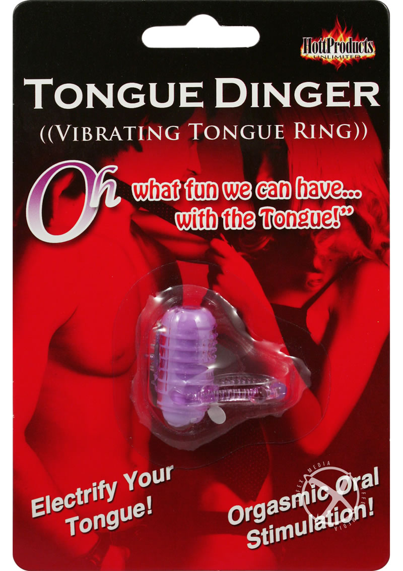 Tongue Dinger Vibrating Tongue Ring Purple in packaging for electrifying oral play and stimulation.