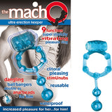 The Macho Ultra Erection Keeper Vibrating Cock Ring Blue showcasing its unique design for enhanced pleasure.