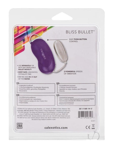 Bliss Bullet with Wired Remote Control Purple packaging back view with product details and feature highlights.