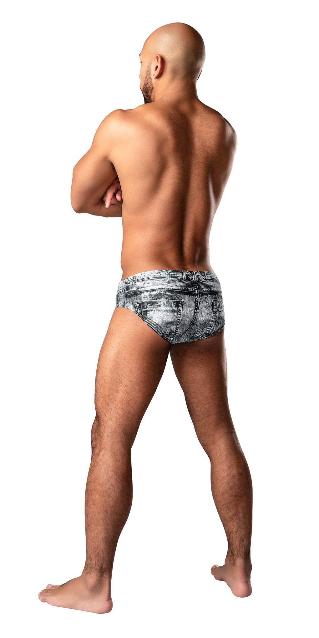 Model wearing Male Power Dirty Denim Bikini Medium Denim, showcasing the back view with faux denim print.