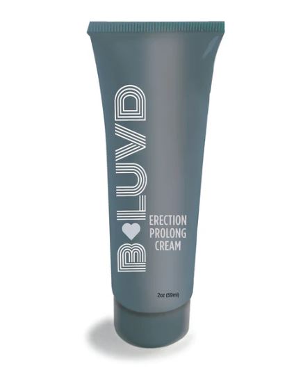 B-luvd Erection Prolong Cream for Men 2 Oz tube with modern design and branding.