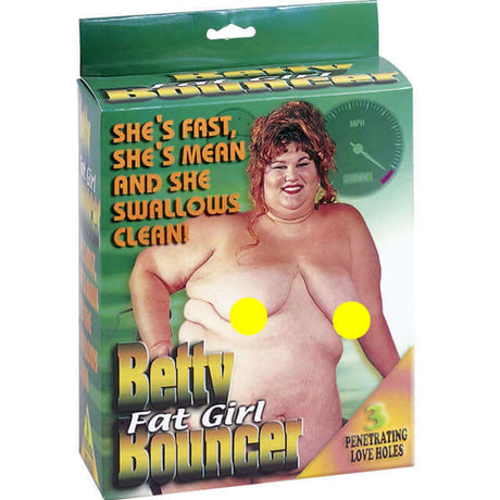 Betty Fat Girl Bouncer Doll packaging showcasing its features and fun design.