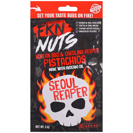 Fkn Nuts Korean BBQ Carolina Reaper Pistachios 3 Oz packaging featuring bold flavors and spooky design.