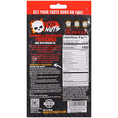 Fkn Nuts Korean BBQ Carolina Reaper Pistachios 3 Oz packaging showcasing bold flavors and nutritional information.