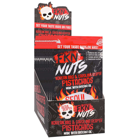 Fkn Nuts Korean BBQ Carolina Reaper Pistachios 3 Oz display box featuring bold flavors and premium ingredients.