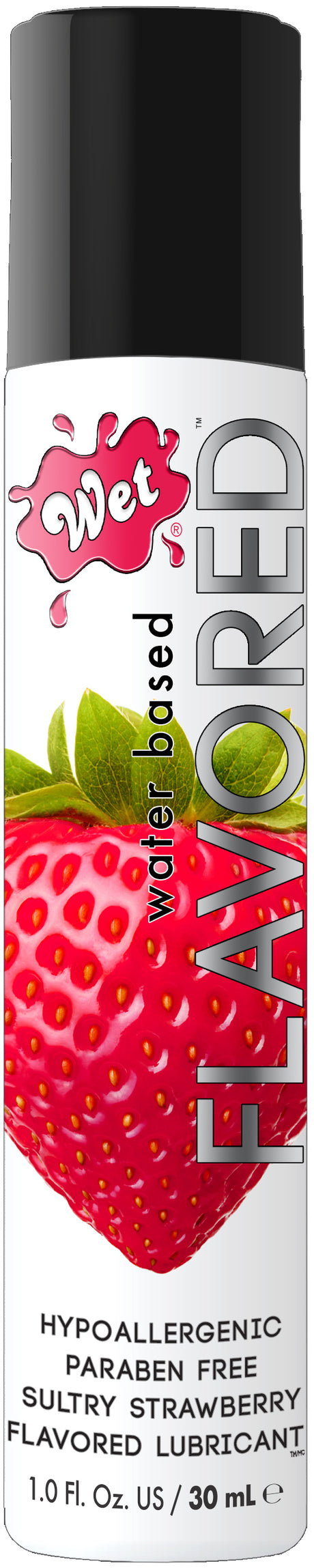 Wet Flavored Lubricant Sexy Strawberry 1 Oz bottle with vibrant strawberry design, highlighting its smooth and flavorful experience.